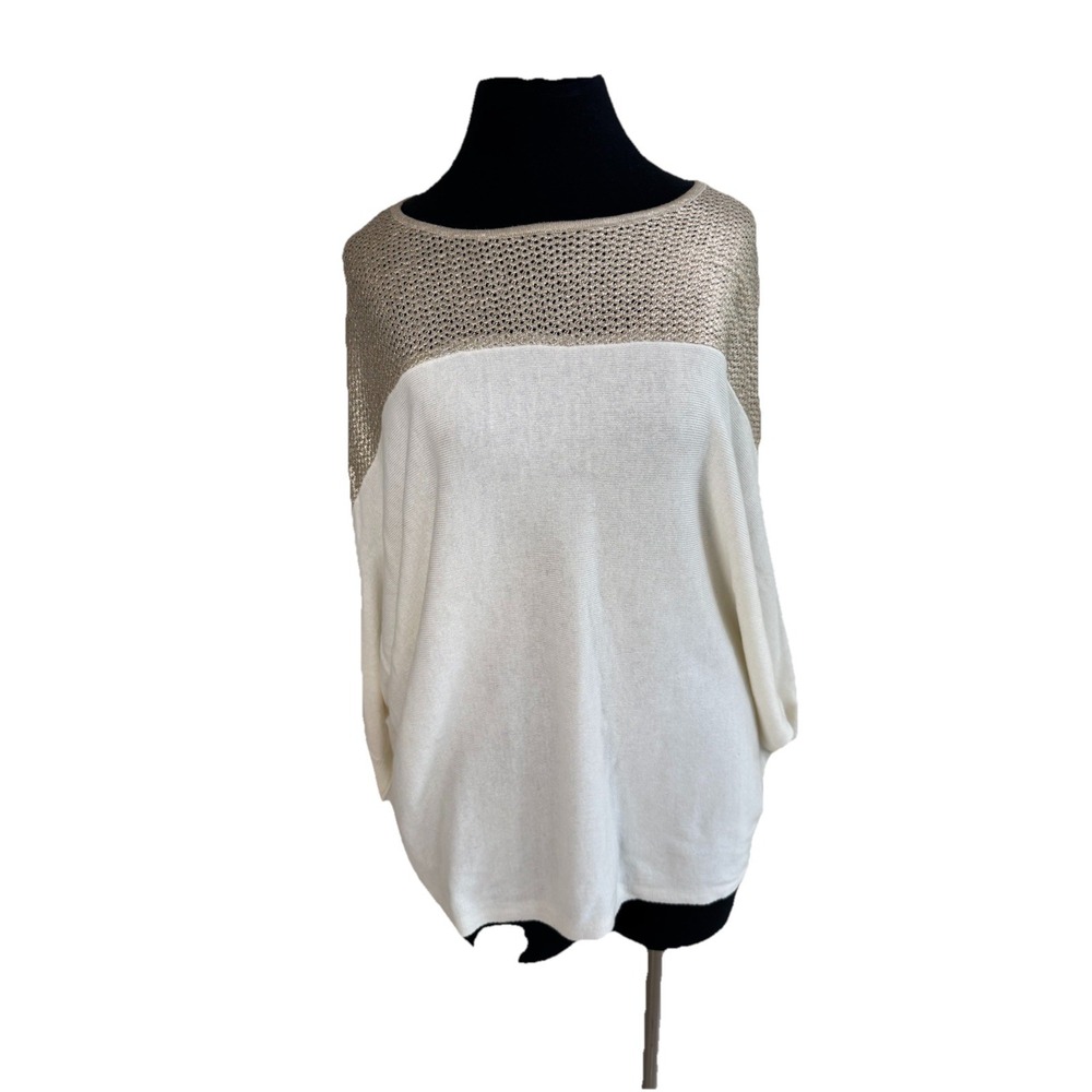 NWT-Nine West Women's Color Block M Soft Sweater Knit Boat Neck Cream/Gold